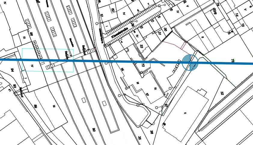 Lage der ersten Stütze. Die Kita Distelbeck hat die Hausnummer 57 (unter der blauen Linie) Quelle: WSW mobil / Ingenieurbüro Schweiger