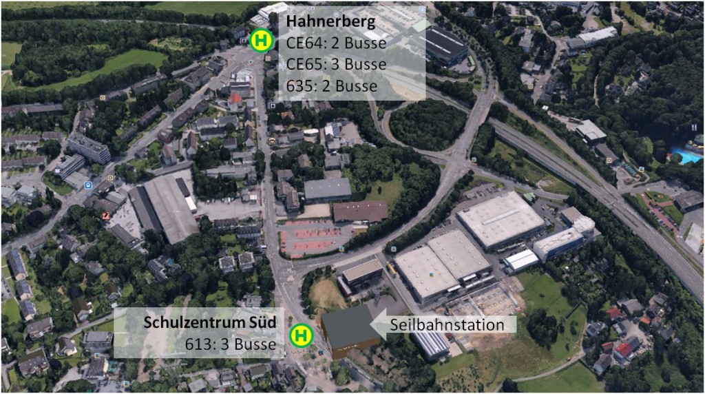 Abbildung 4: Bushaltestellen Hahnerberg und Schulzentrum Süd: weitere 10 Busse fahren diesen Bereich zwischen 07:30 und 08:15 Uhr an (Bild: Google Earth)